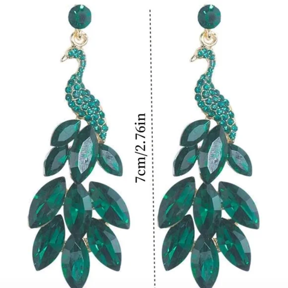 Sparkling Emerald Peacock Earrings - Picture 2 of 4